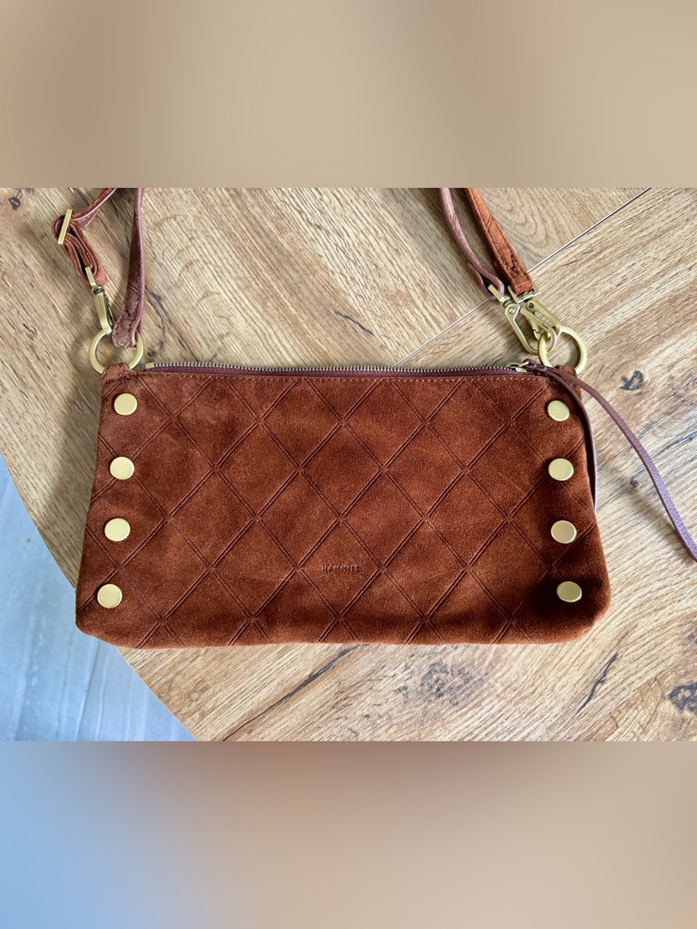 Hammitt Kyle Chocolate Diamond Suede Antique Gold Small Crossbody - Picture 3 of 15